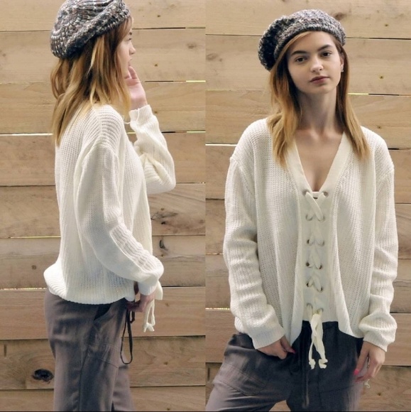 SummerChance Sweaters - MARISOL Deep V Neck Laced Front Ivory Knit Sweater